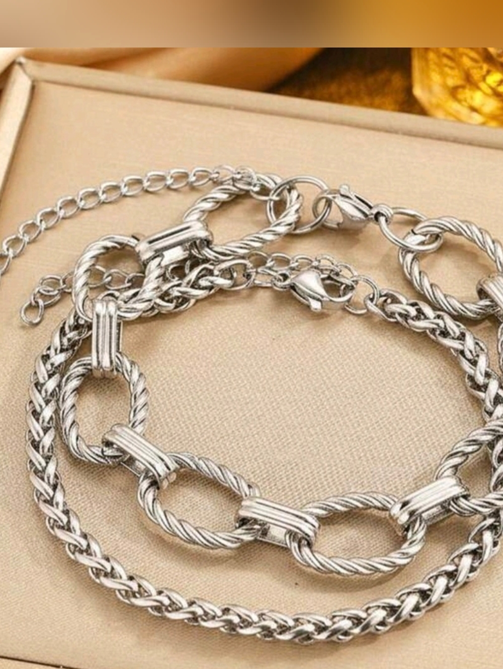 NEW Silver-Tone Twisted Link Chain Bracelet Set